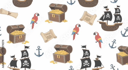 Whimsical Pirate Treasure Chests, Parrots, Ships, and Anchors Pattern.