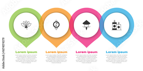 Set Lotus flower, Chinese paper lantern, Asian or conical straw hat and Firework. Business infographic template. Vector