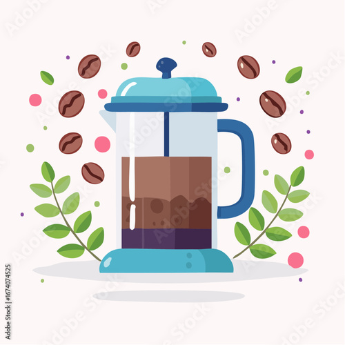 Vibrant illustration of a blue French press coffee maker filled with coffee, surrounded by floating roasted beans and fresh green foliage.