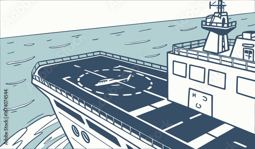 "A cartoon illustration of an aircraft carrier moving across the ocean. The perspective is an elevated angle looking down the flight deck. A small helicopter is centered on the 'H' landing spot (helip