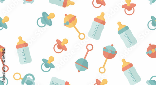 Seamless pattern of colorful baby items - pacifiers, bottles, and rattles in pastel hues, flat illustration style.