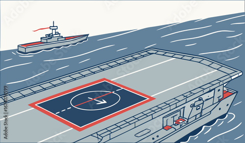 Top view of a Helipad in a sea ship around blue sea