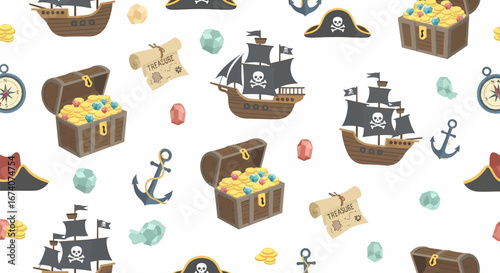 Dark-hulled Pirate Ship with Jolly Roger, Cartoon Style.
