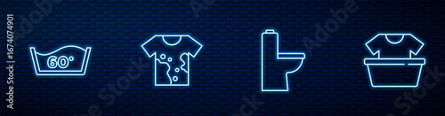 Set line Toilet bowl, Temperature wash, Dirty t-shirt and Basin with. Glowing neon icon on brick wall. Vector
