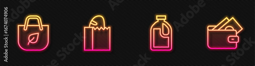 Set line Bottle for cleaning agent, Shopping bag with recycle, Paper bread loaf and Wallet money. Glowing neon icon. Vector