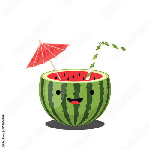 Refreshing watermelon drink served in a cute fruit cup with a tiny red umbrella and a striped straw offering a tropical summer vibe