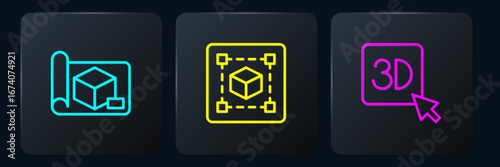 Set line Graphing paper for engineering, 3D printer and Geometric figure Cube. Black square button. Vector