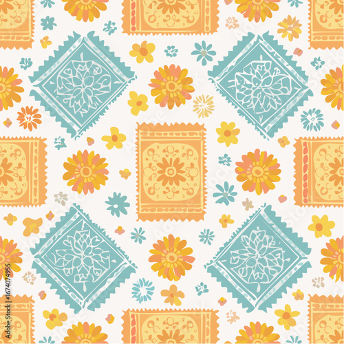 A repeating pattern featuring stylized floral and rectangular design elements in a cheerful layout.