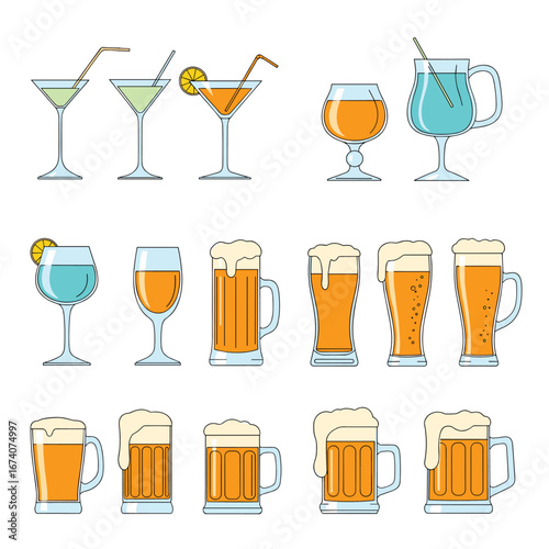 Collection of beverage illustrations featuring cocktails beers and various drinkware for refreshing moments