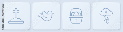 Set line Grave with cross, Basket easter eggs, Dove and God's helping hand. White square button. Vector