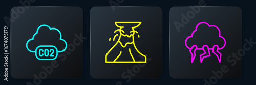 Set line CO2 emissions in cloud, Storm and Volcano eruption with lava. Black square button. Vector