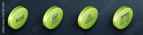 Set Isometric line French cafe, Windmill, Louvre glass pyramid and Triumphal Arch icon. Vector