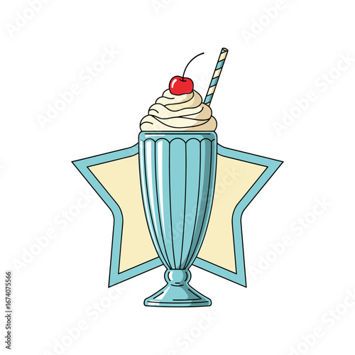 Classic vanilla milkshake with whipped cream cherry and striped straw emblem design