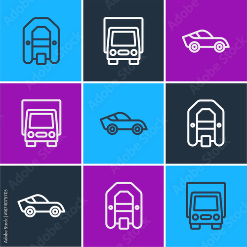 Set line Rafting boat, Car and Delivery cargo truck icon. Vector