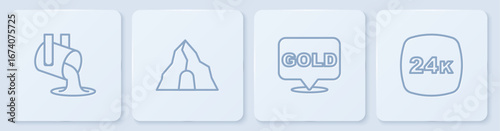 Set line Molten gold being poured, Gold bars, mine and 24k. White square button. Vector