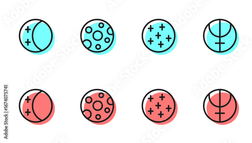 Set line Full moon, Eclipse of the sun, and Neptune planet icon. Vector