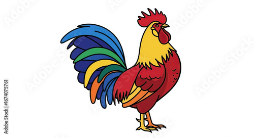 Vibrant Rooster with Red Crest and Multi Colored Tail Feathers Illustration on Transparent Background