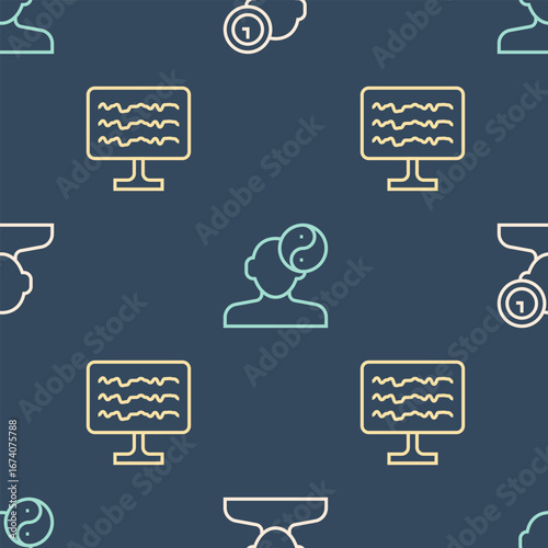 Set line Insomnia, Encephalogram and Yin Yang symbol on seamless pattern. Vector