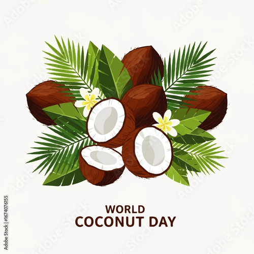World Coconut Day Coconuts with Greenery and White Flowers Illustration
