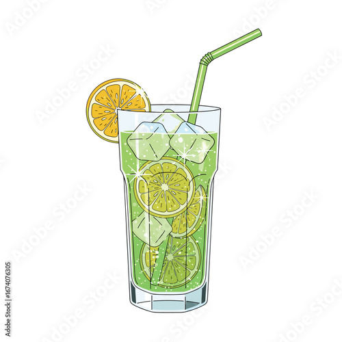 Refreshing green citrus beverage with ice and fruit slices