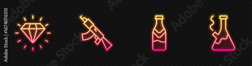 Set line Beer bottle, Diamond, Submachine gun and Glass bong for smoking marijuana. Glowing neon icon. Vector