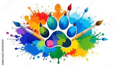 Colorful dog paw print surrounded by paint splatters and paintbrushes