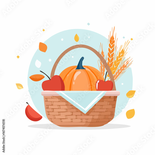 An illustration of a wicker harvest basket filled with a pumpkin, apples, and wheat stalks.