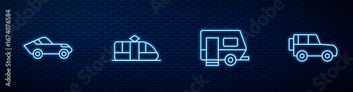 Set line Rv Camping trailer, Car, Tram and railway and Off road car. Glowing neon icon on brick wall. Vector