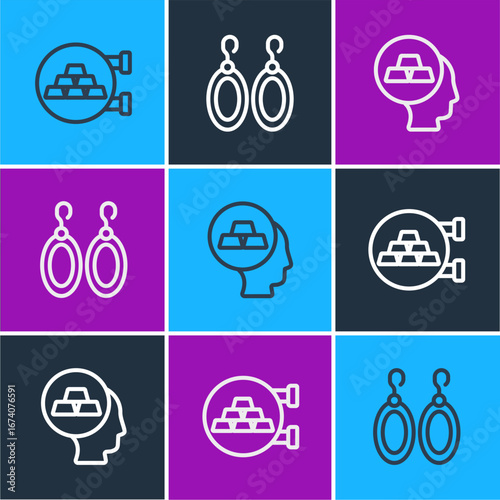 Set line Jewelry store, Gold bars and Earrings icon. Vector