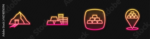 Set line Gold bars, mine, coin with gold and . Glowing neon icon. Vector
