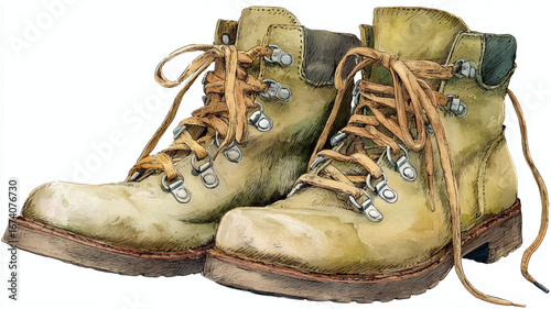 Vector illustration, watercolor clipart of vintage hiking boot, on white background