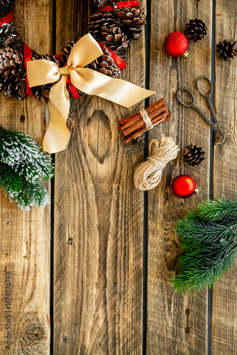 New Year DIY decoration - Christmas wreath with accessories, top view