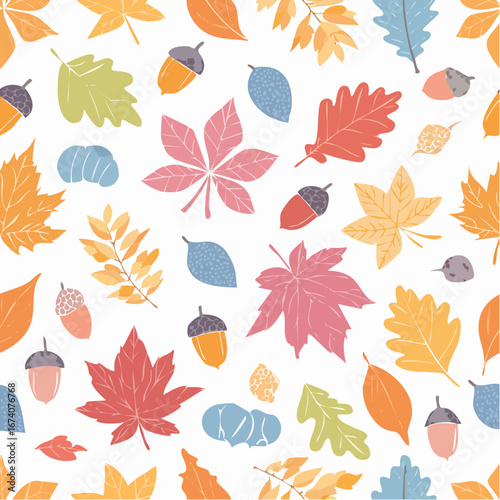 A colorful seamless pattern of stylized autumn leaves and acorns on a white background.