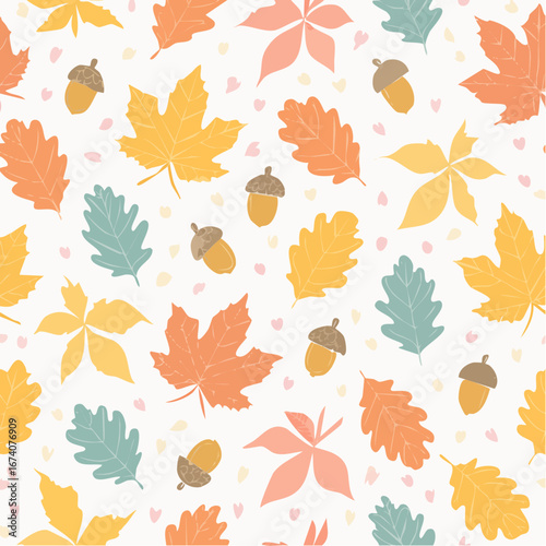 A charming and whimsical seamless pattern featuring a delightful arrangement of colorful autumn leaves and acorns scattered across a light background with subtle heart accents.