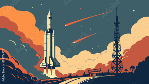 Retro Space Launch Illustration.
