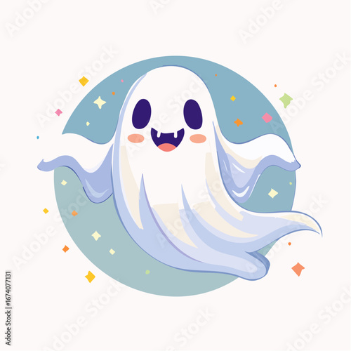 A cute, smiling cartoon ghost with big eyes and fangs floats cheerfully amidst sparkling, colorful stars against a soft blue circular background.