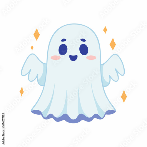 A cute, friendly cartoon ghost with wide blue eyes and rosy cheeks, floating with outstretched, wing-like arms amidst sparkling golden stars.