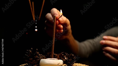 Woman hands light a aroma stick the match on decor dark black background. Candle fire flame in christmas warm night. Magic ritual with natural herb incense