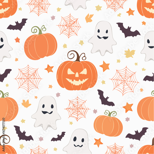 Playful Halloween pattern featuring pumpkins, ghosts, bats, spiderwebs, and autumn leaves.