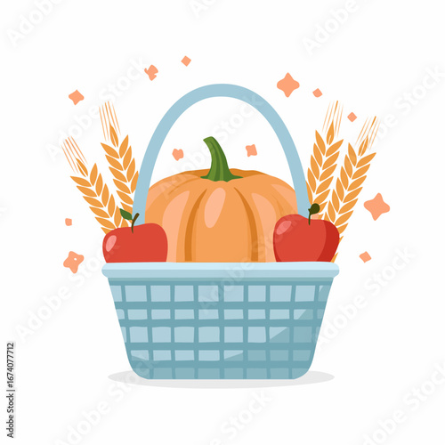 A cartoon illustration of a blue basket filled with pumpkin, apples, and wheat stalks, celebrating harvest.