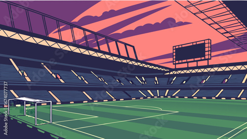 A modern stylized illustration of a soccer stadium with a bright sky.