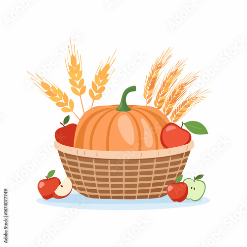A vibrant illustration depicting a bountiful autumn harvest basket filled with a pumpkin, red apples, and golden wheat.