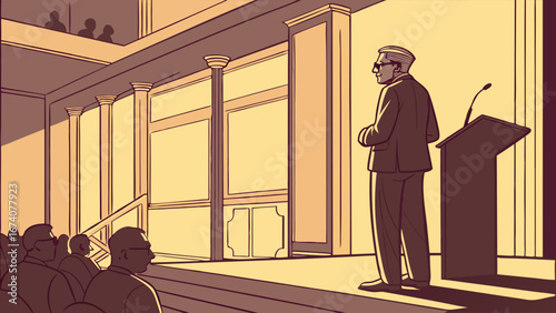 A Speaker on Stage Giving a Presentation to an Audience Cartoon.