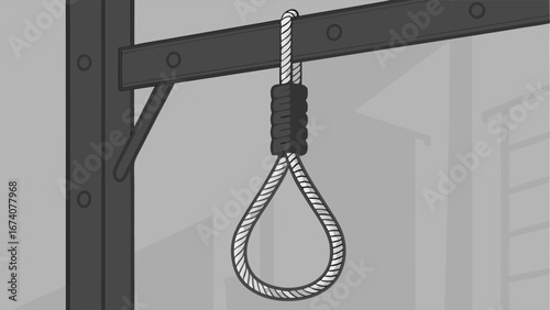 A hanging noose on a metal structure illustration graphic design dark theme despair suicide prevention rope knot monochrome serious somber death tragedy hopelessness criminal justice concept art warn.