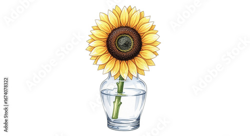 Vibrant Sunflower in Clear Glass Vase on Transparent Background Floral Still Life with Bright Yellow Petals and Green Stem Isolated Illustration