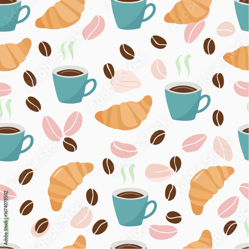 Seamless pattern featuring coffee cups, croissants, coffee beans, and pastel-colored elements on a white background.