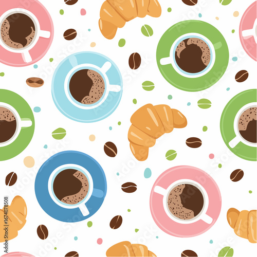 Colorful coffee cups, croissants, and scattered coffee beans create a cheerful breakfast pattern.