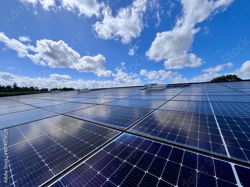 Vue en hauteur d’une centrale photovoltaïque installée en toiture