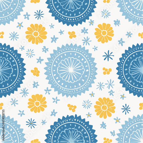 A repeating pattern features stylized blue and yellow floral and circular designs on a white background.