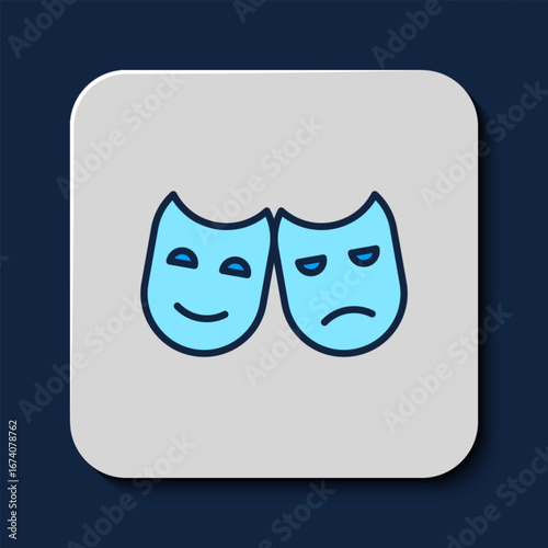 Filled outline Comedy and tragedy theatrical masks icon isolated on blue background. Vector